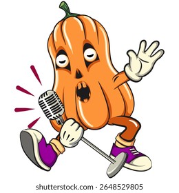 funny halloween pumpkin mascot singing with great emotion, vector cartoon illustration isolated on transparent background, work of hand drawn