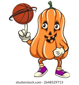 funny halloween pumpkin mascot spin the basketball with the index finger, vector cartoon illustration isolated on transparent background, work of hand drawn