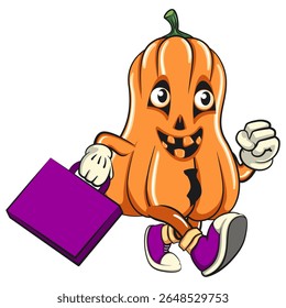 funny halloween pumpkin mascot with a suitcase rushing to the office, vector cartoon illustration isolated on transparent background, work of hand drawn