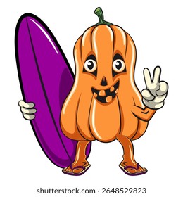 funny halloween pumpkin mascot with surfboard and gave a peace sign, vector cartoon illustration isolated on transparent background, work of hand drawn