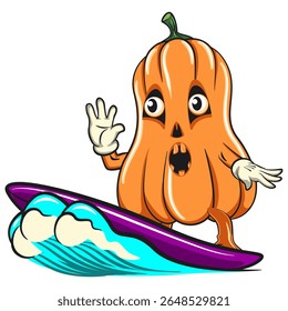 funny halloween pumpkin mascot surfing riding the waves, vector cartoon illustration isolated on transparent background, work of hand drawn