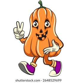 funny halloween pumpkin mascot walking with peace sign, vector cartoon illustration isolated on transparent background, work of hand drawn