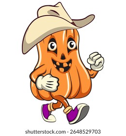 funny halloween pumpkin mascot walking wearing a cowboy hat, vector cartoon illustration isolated on transparent background, work of hand drawn