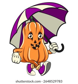 funny halloween pumpkin mascot walking with an umbrella, vector cartoon illustration isolated on transparent background, work of hand drawn