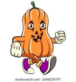 funny halloween pumpkin mascot walking, vector cartoon illustration isolated on transparent background, work of hand drawn