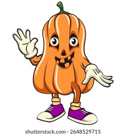 funny halloween pumpkin mascot wave hands, vector cartoon illustration isolated on transparent background, work of hand drawn