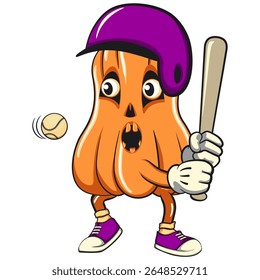 funny halloween pumpkin mascot wear a helmet playing baseball, vector cartoon illustration isolated on transparent background, work of hand drawn