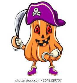 funny halloween pumpkin mascot wearing a pirate hat, vector cartoon illustration isolated on transparent background, work of hand drawn
