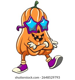 funny halloween pumpkin mascot wearing stars shaped beach sunglasses, vector cartoon illustration isolated on transparent background, work of hand drawn