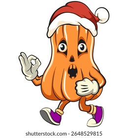 funny halloween pumpkin mascot wearing a Santa Claus hat, vector cartoon illustration isolated on transparent background, work of hand drawn