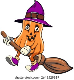 mascote engraçado da abóbora do dia das bruxas vestindo um chapéu de bruxa voando em uma vassoura mágica, ilustração de desenho animado vetorial isolado no fundo transparente, trabalho de mão desenhada