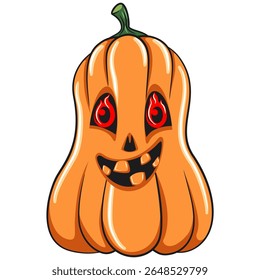 funny halloween pumpkin mascotwith flame eyes, vector cartoon illustration isolated on transparent background, work of hand drawn