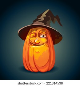 Funny halloween pumpkin in old witch hat.