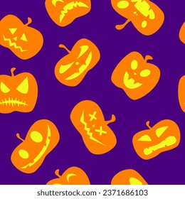 Funny halloween pumpkin seamless pattern background. Funny face expressions. Vector illustration.