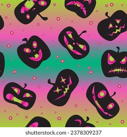 Funny halloween pumpkin seamless pattern background. Funny face expressions. Vector illustration.