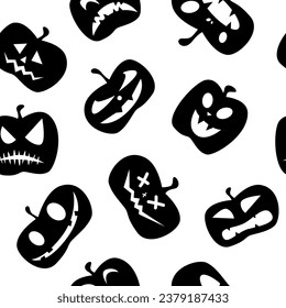 Funny calabaza de halloween con fondo de patrón sin fisuras. Divertidas expresiones faciales. Ilustración vectorial monocroma.