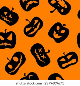 Funny calabaza de halloween con fondo de patrón sin fisuras. Divertidas expresiones faciales. Ilustración vectorial.