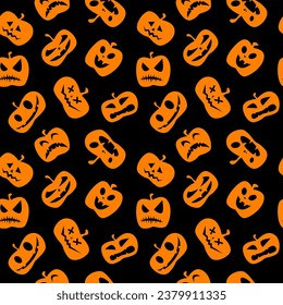Funny halloween pumpkin seamless pattern background. Funny face expressions. Vector illustration.