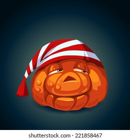 Funny halloween pumpkin in striped cap.