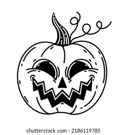 Funny Halloween pumpkin vector icon. Jack lantern isolated on white background. Smiling face on a vegetable. Autumn holiday symbol, harvesting. Black outline for logo, web, apps, cards, print 