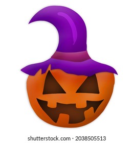 funny Halloween pumpkin wearing purple witch hat vector illustration isolated in a white background