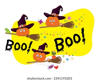 Funny halloween pumpkin with witches hat and word boo, Vector illustration cartoon EPS images. 