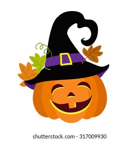 Funny halloween pumpkin with witches hat vector illustration.