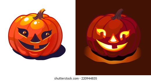 Funny halloween pumpkin with and without light. Isolated.