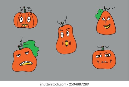 Funny Halloween pumpkins art pattern seamless. Stylized illustration of a Halloween pumpkin print on fabric, paper. Halloween decorations. Pumpkin logo, print, sticker, tattoo. Jack-O-Lantern Emoji. 