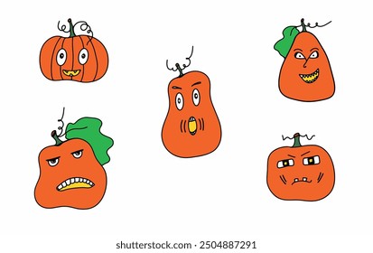 Funny Halloween pumpkins art pattern seamless. Stylized illustration of a Halloween pumpkin print on fabric, paper. Halloween decorations. Pumpkin logo, print, sticker, tattoo. Jack-O-Lantern Emoji. 