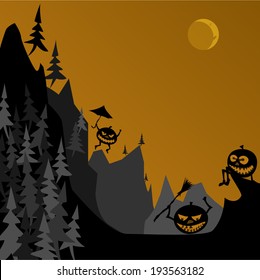 Funny halloween pumpkins in autumn forest . Space for your Halloween holiday text.