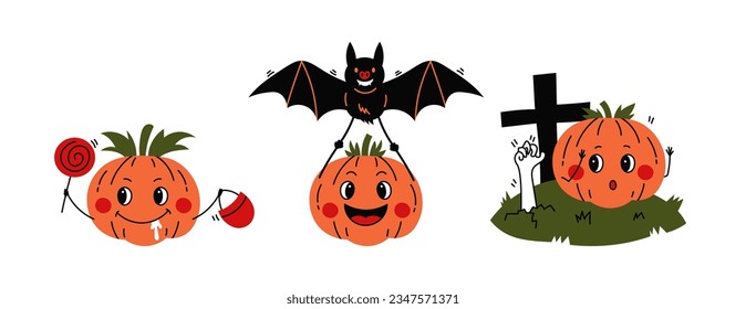 Funny Halloween Pumpkins Characters collection. Cute Halloween set of vector illustrations with bat, zombie hand and sweets. Comic elements for childish print, greeting card, party, invitation