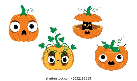 Funny halloween pumpkins with cute and spooky faces and a black cat inside