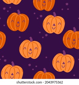 Funny Halloween pumpkins with groovy stars seamless pattern. Neutral kids design for clothes, nursery decor, paper, cover, fabrics and more