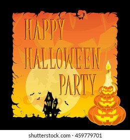 Funny Halloween pumpkins, moon, bats, candle, scary house and text in retro cartoon style on orange gradient background. Concept design for banner, poster or ticket on party. Vector illustration