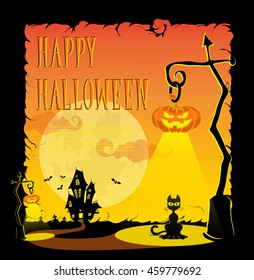 Funny Halloween pumpkins, moon, cat, bats, lamps, scary house and text in retro cartoon style on orange gradient background. Concept design for banner, poster or ticket on party. Vector illustration