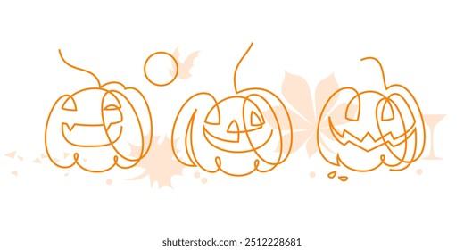 Funny Halloween pumpkins. One line style vector drawing