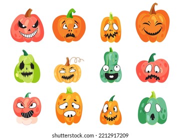 Funny Halloween Kürbis Set. Cute Cartoon Kürbis Symbole einzeln auf weißem Hintergrund. Fröhliche und süße Gesichter. Vektorgrafiken für Banner, dekoratives Design, Plakate und Siloween-Etiketten.