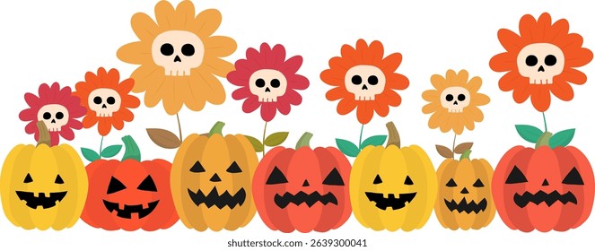 funny halloween pumpkins with spooky flower skulls, cute vector border design with jack o’lanterns and scary daisies for halloween decoration and greeting cards