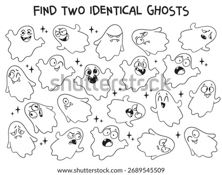 Funny Halloween puzzle with cute ghosts. Find two identical ghosts. Black and white doodle game for kids and coloring book page. Educational printable activity for children. Spot it