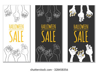 Funny Halloween Sale design with cartoon zombie's hands and place for text. Vector illustration (eps10, clipping mask). Could be used as template for banner, advertising, flyer, discount card etc.
