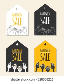 Funny Halloween Sale design with cartoon zombie's hands and pace for text. Vector illustration (eps10, clipping mask). Could be used as template for banner, advertising, flyer, discount card etc.