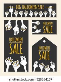 Funny Halloween Sale design with cartoon zombie's hands and pace for text. Vector illustration (eps10, clipping mask). Could be used as template for banner, advertising, flyer, discount card etc.