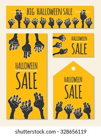 Funny Halloween Sale design template with cartoon zombie's hands and pace for text. Vector illustration (eps10, clipping mask). Could be used for banner, advertising, flyer, discount card etc.