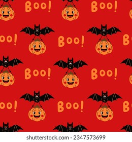 Funny Halloween Seamless Pattern with bat and pumpkin. Comic Halloween background with happy pumpkin character flying with bat and boo inscription. Repeat vector illustration on red