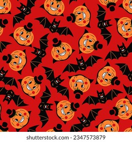 Funny Halloween Seamless Pattern with bat and Dracula Pumpkin. Playful Halloween background with childish pumpkin character as Dracula and flying bat. Repeat vector illustration on red