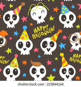 Funny Halloween seamless pattern with bright doodle skulls and stars on grey background