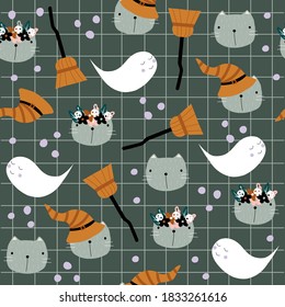Funny Halloween seamless pattern with cat, broom and ghost. Holiday print. Vector hand drawn illustration.
