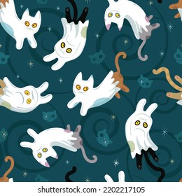 Funny Halloween seamless pattern with cats in a white sheets playing ghosts