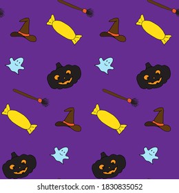 Funny Halloween seamless pattern. Colorful design on purple. Ghost, smiling pumpkin, candy, witch hat and broom. Funny cartoon wallpaper for textile, gift wrap, wallpaper, and fabric. Endless design